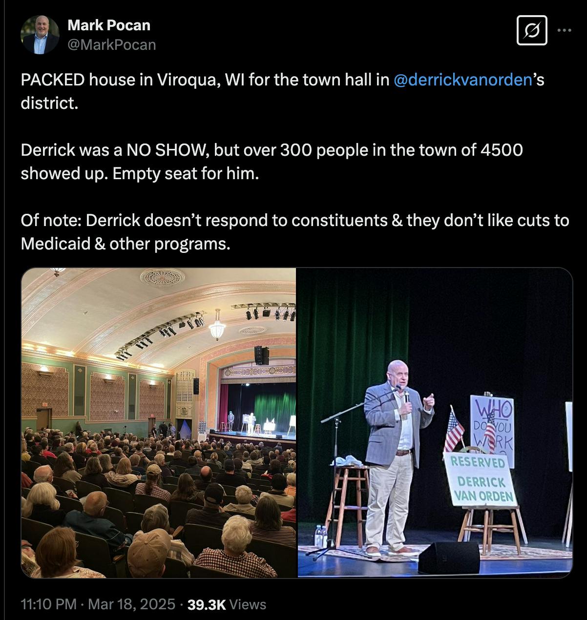 A screenshot of an X post from Representative Mark Pocan about a town hall in Viroqua, Wisconsin on Tuesday, March 18. 