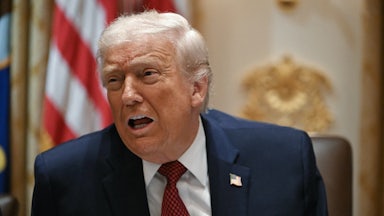 Donald Trump leans forward and speaks while sitting in the White House Cabinet Room