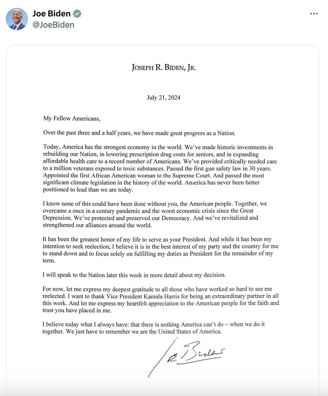 Joe Biden screenshot with statement