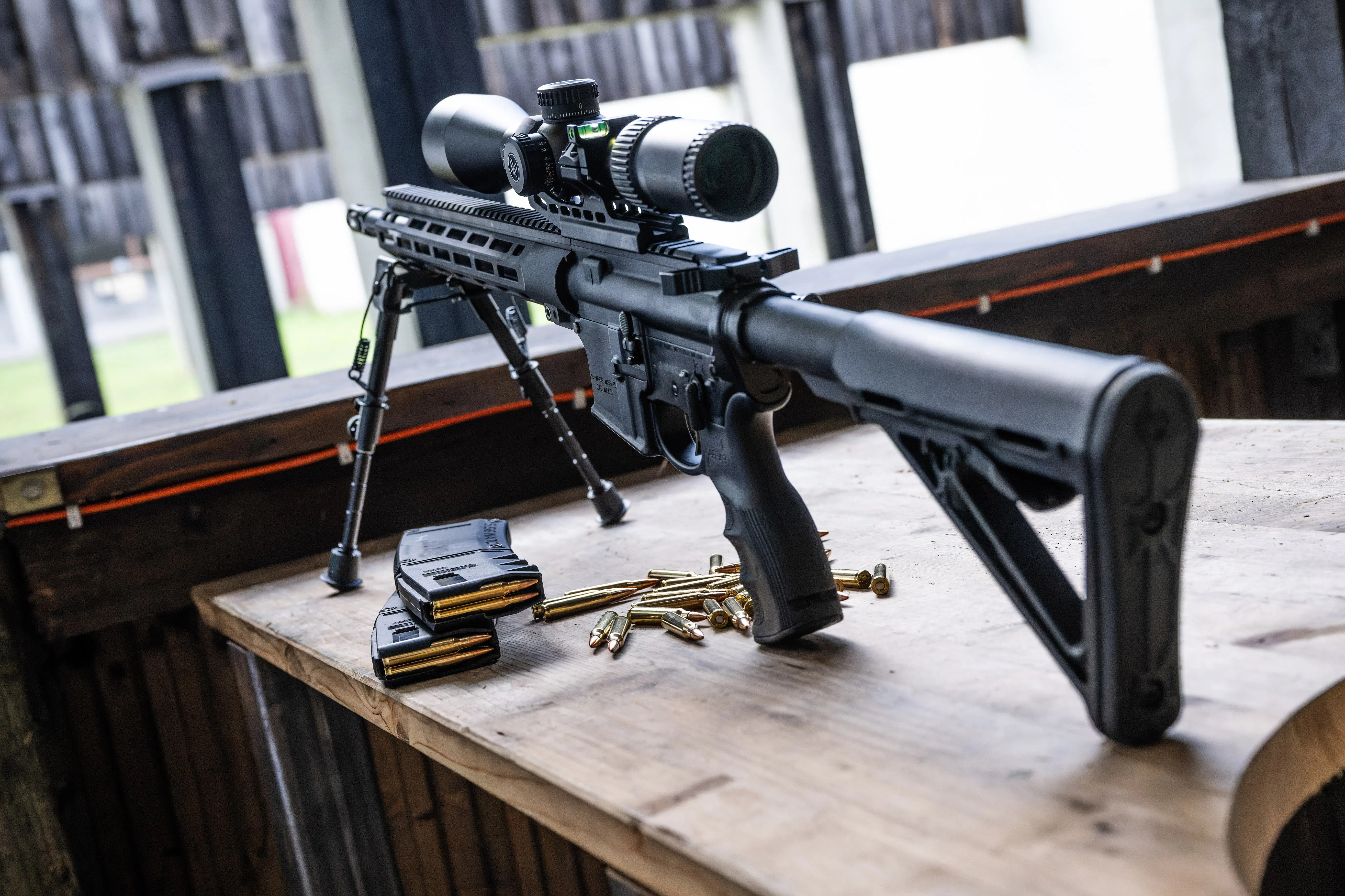 AR-15 pointed out the window
