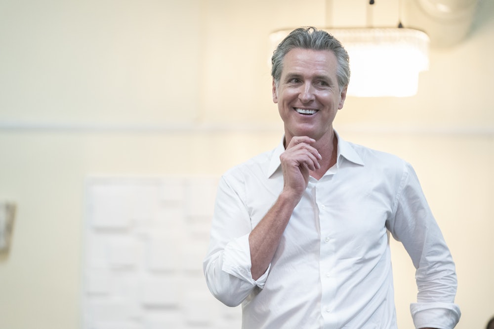 Gavin Newsom speaks at Bella's Simple Occasions event space in Bennettsville, South Carolina.