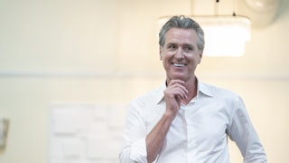 Gavin Newsom speaks at Bella's Simple Occasions event space in Bennettsville, South Carolina.