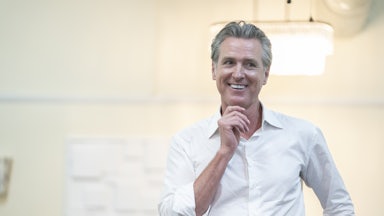Gavin Newsom speaks at Bella's Simple Occasions event space in Bennettsville, South Carolina.