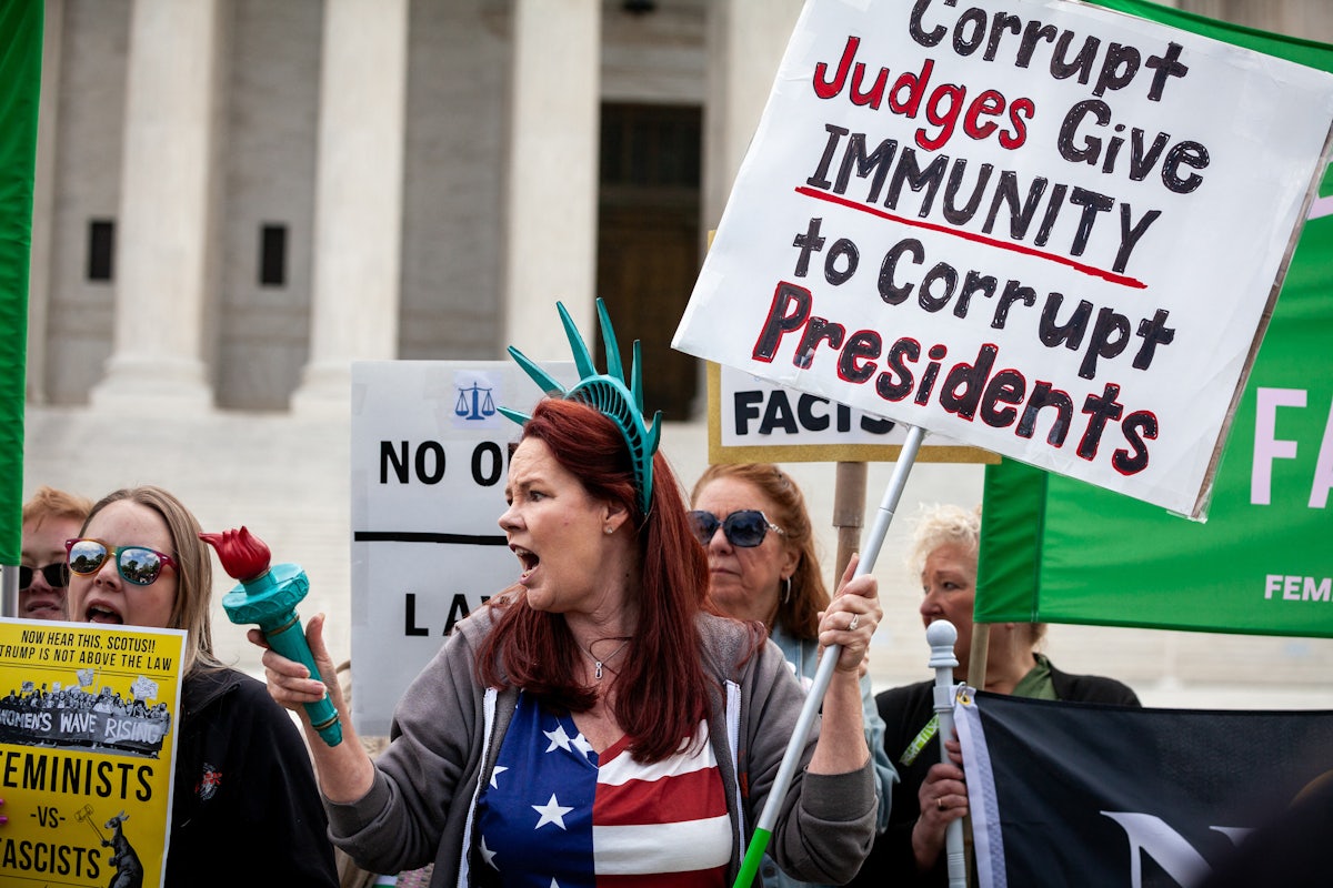 People demonstrate against Trump while the Supreme Court hears oral arguments on his claim of immunity from prosecution for alleged crimes committed during and after leaving office.