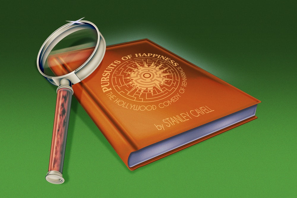 Illustration of the book Pursuits of Happiness with a magnifying glass hovering over it.