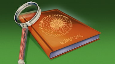 Illustration of the book Pursuits of Happiness with a magnifying glass hovering over it.