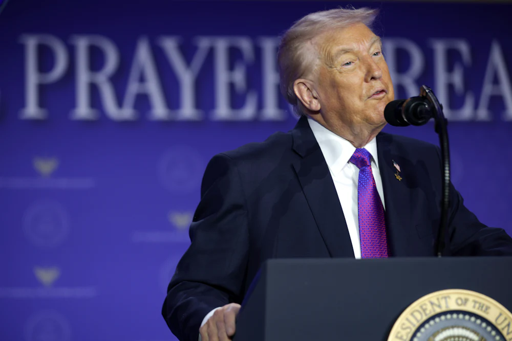 U.S. President Donald Trump speaks during the 74th annual National Prayer Breakfast at the Washington Hilton on February 5, 2026 in Washington, DC.