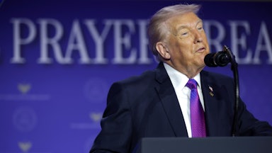U.S. President Donald Trump speaks during the 74th annual National Prayer Breakfast at the Washington Hilton on February 5, 2026 in Washington, DC.