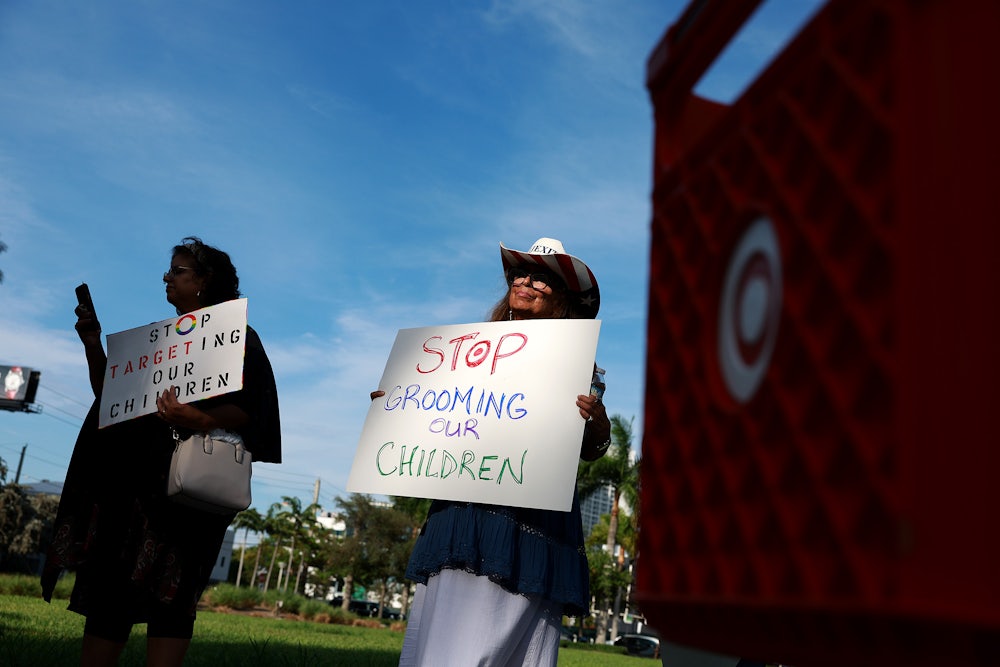 Two demonstrators stand next to a Target shopping cart holding anti-LGBTQ signs.