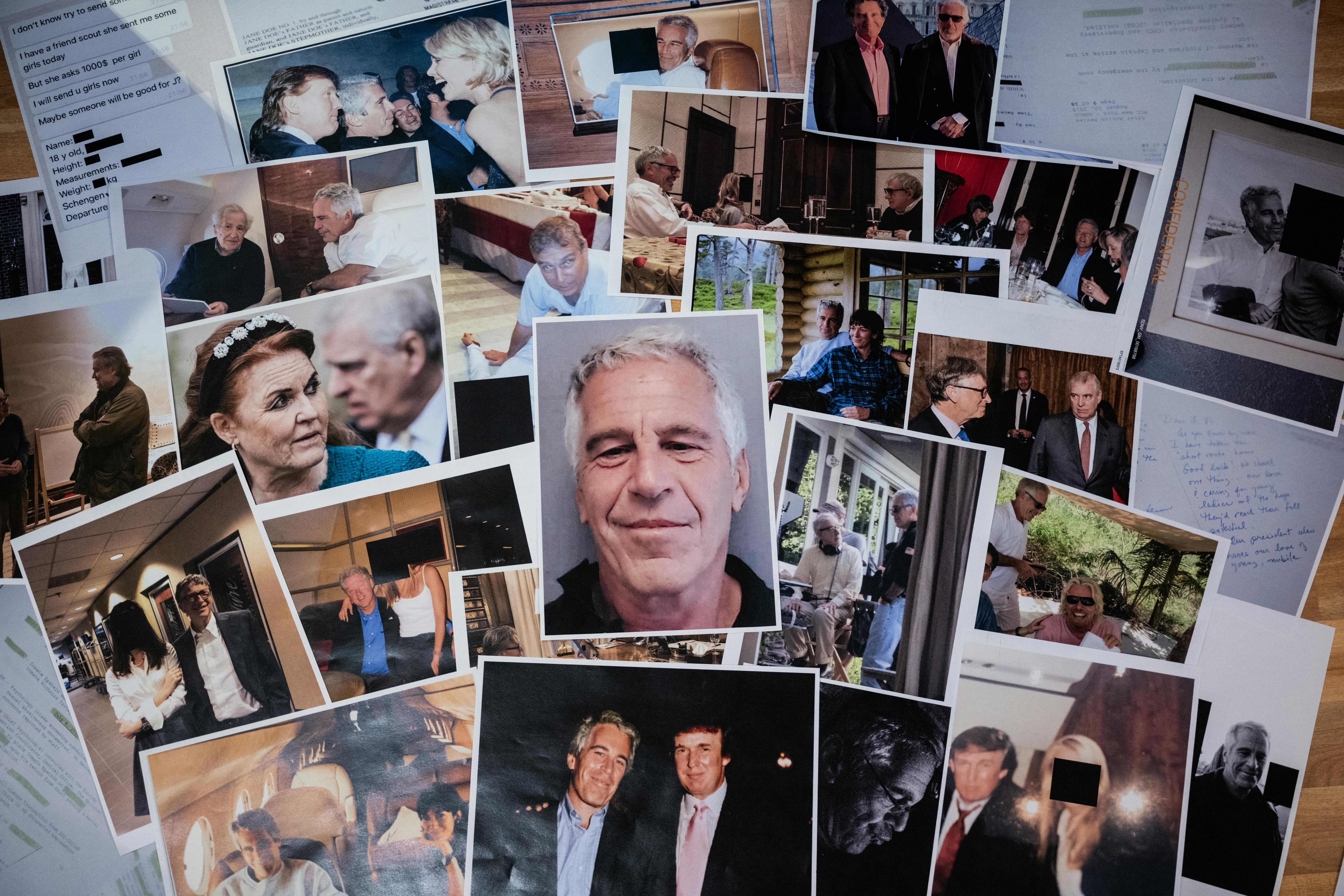 Photos of Jeffrey Epstien and his friends and acquaintances spread across a table.