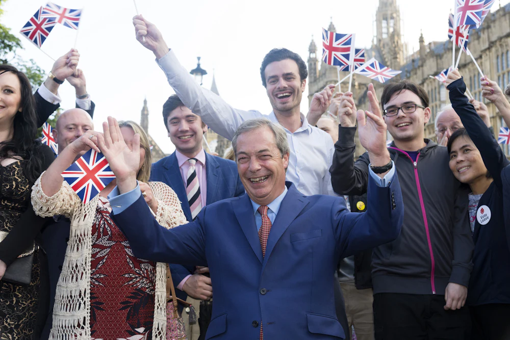 Nigel Farage, then the leader of the UKIP party, greeted after the British voted on June 24, 2016, to leave the European Union.