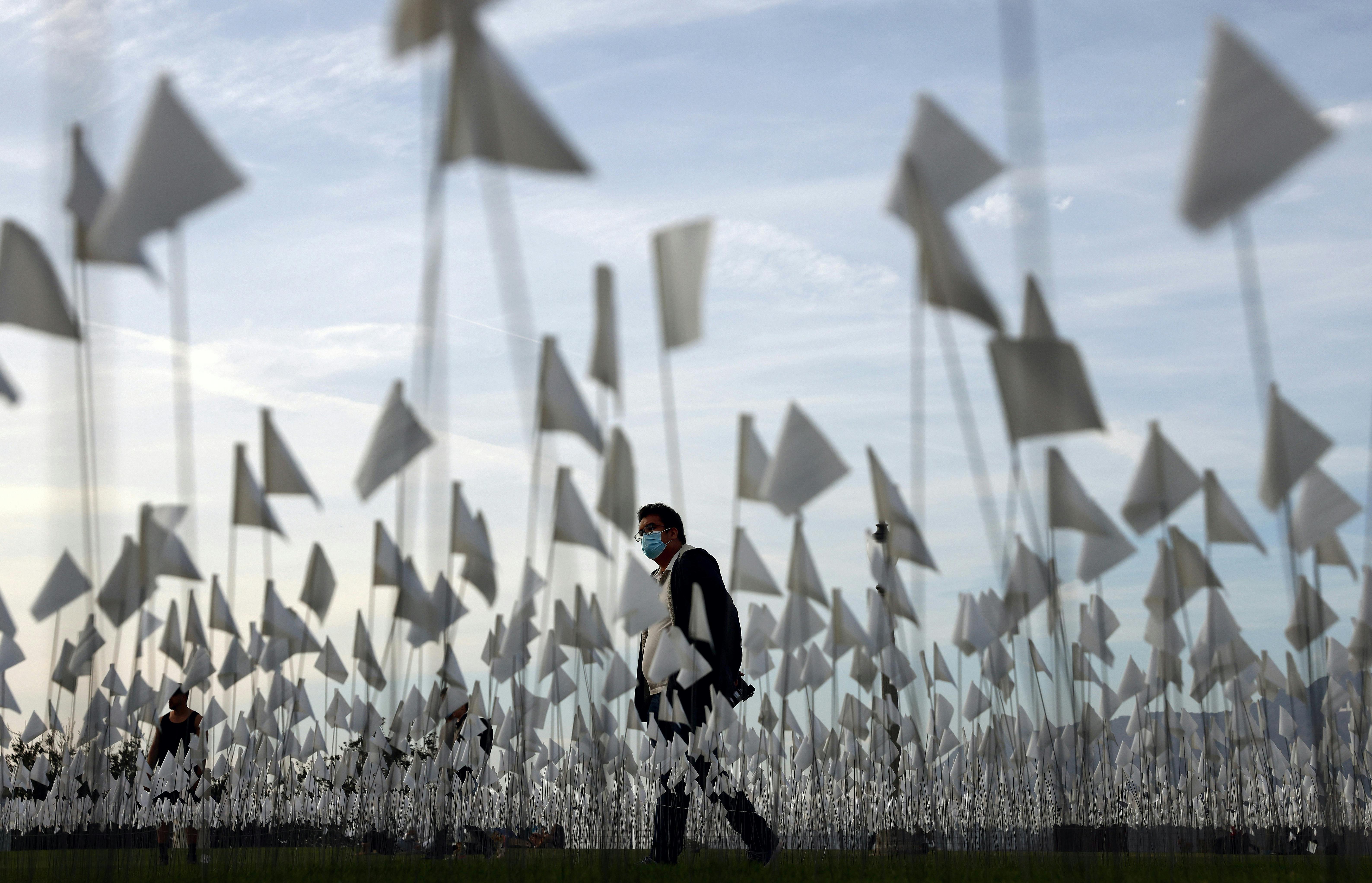 A man walks through a sea of flags on a lawn.
