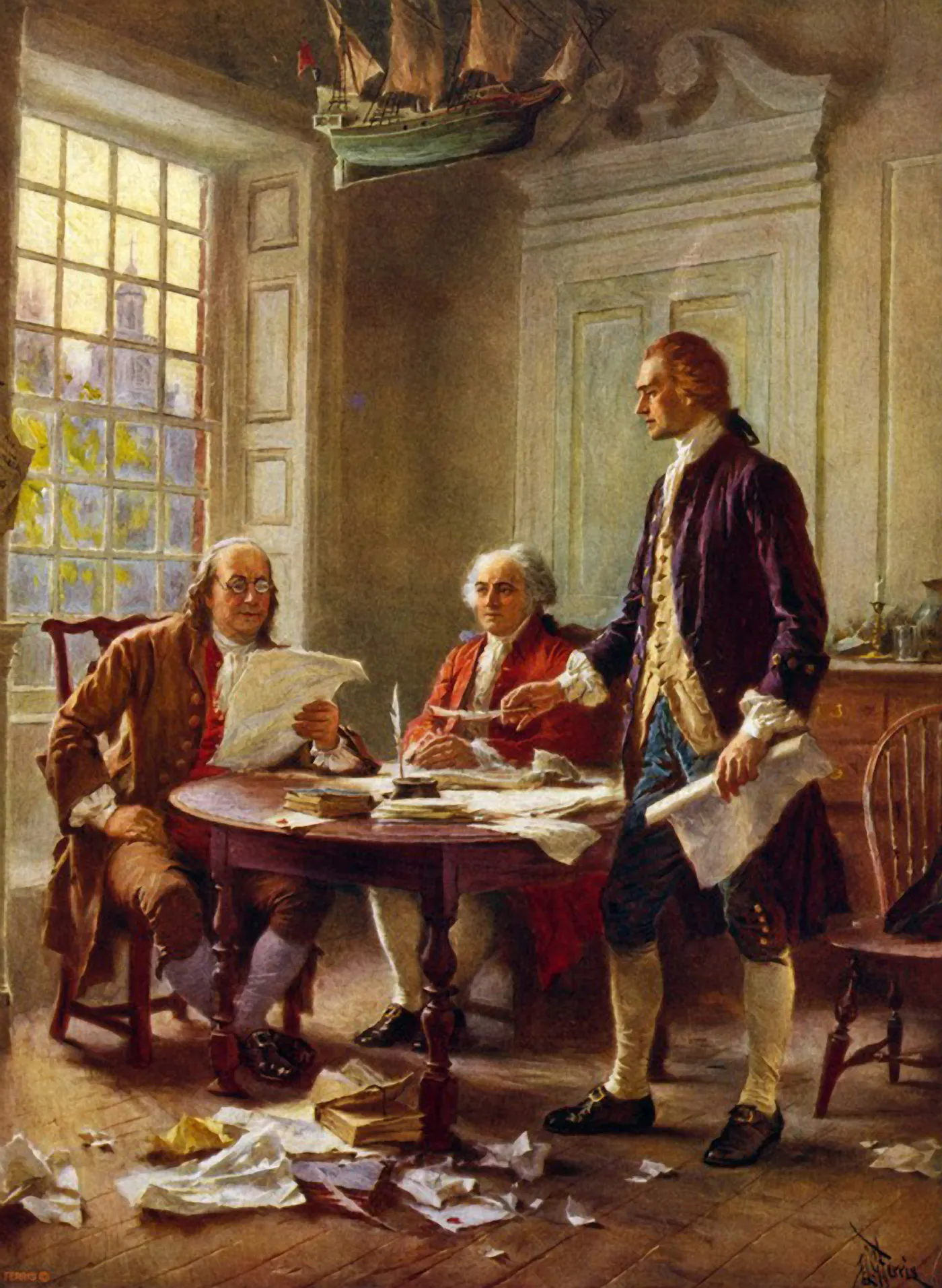 A painting entitled Writing the Declaration of Independence, 1776 by Jean Leon Gerome Ferris depictsf Benjamin Franklin, John Adams, and Thomas Jefferson at Jefferson’s Philadelphia lodgings 