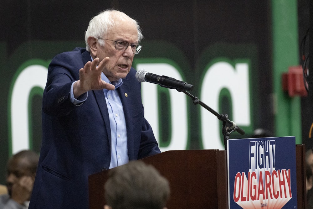 Senator Bernie Sanders speaks to a capacity crowd during the "Fighting Oligarchy: Where We Go From Here" tour at UW-Parkside in Kenosha, Wisconsin.