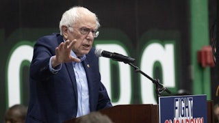 Senator Bernie Sanders speaks to a capacity crowd during the "Fighting Oligarchy: Where We Go From Here" tour at UW-Parkside in Kenosha, Wisconsin.