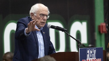 Senator Bernie Sanders speaks to a capacity crowd during the "Fighting Oligarchy: Where We Go From Here" tour at UW-Parkside in Kenosha, Wisconsin.