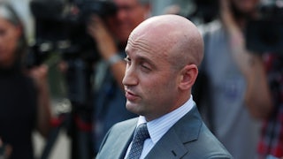 White House adviser Stephen Miller makes a weird face while speaking with reporters.