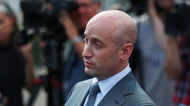 White House adviser Stephen Miller makes a weird face while speaking with reporters.