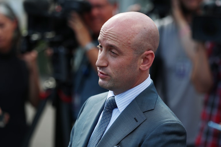 White House adviser Stephen Miller makes a weird face while speaking with reporters.