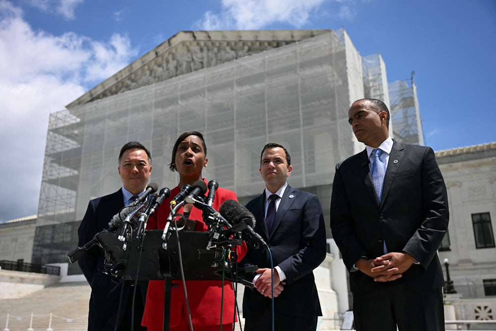 Massachusetts Atorney General Andrea Campbell speaks to the press outside the US Supreme Court over President Donald Trump’s move to end birthright citizenship as the court hears arguments over the order in Washington, D.C.