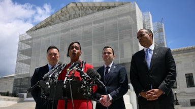 Massachusetts Atorney General Andrea Campbell speaks to the press outside the US Supreme Court over President Donald Trump’s move to end birthright citizenship as the court hears arguments over the order in Washington, D.C.