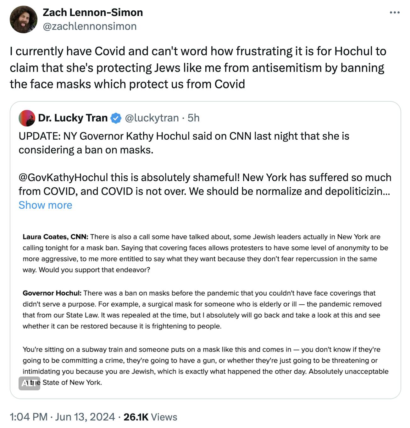 Tweet screenshot Zach Lennon-Simon: I currently have Covid and can't word how frustrating it is for Hochul to claim that she's protecting Jews like me from antisemitism by banning the face masks which protect us from Covid