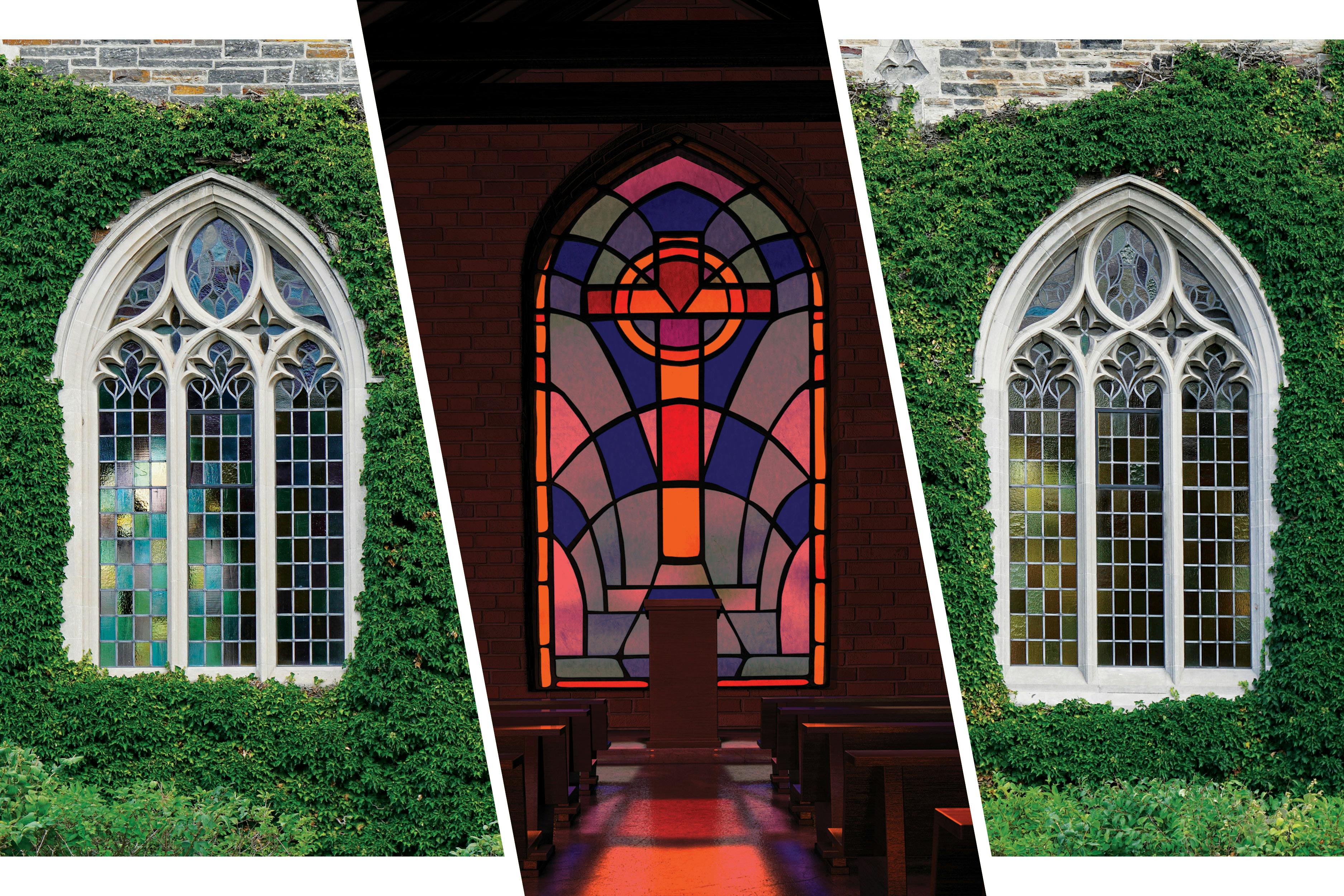 Photo of the windows of an Ivy League university interrupted by a photo of a stained glass window of a church