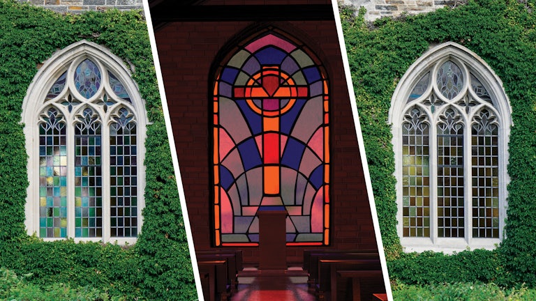 Photo of the windows of an Ivy League university interrupted by a photo of a stained glass window of a church