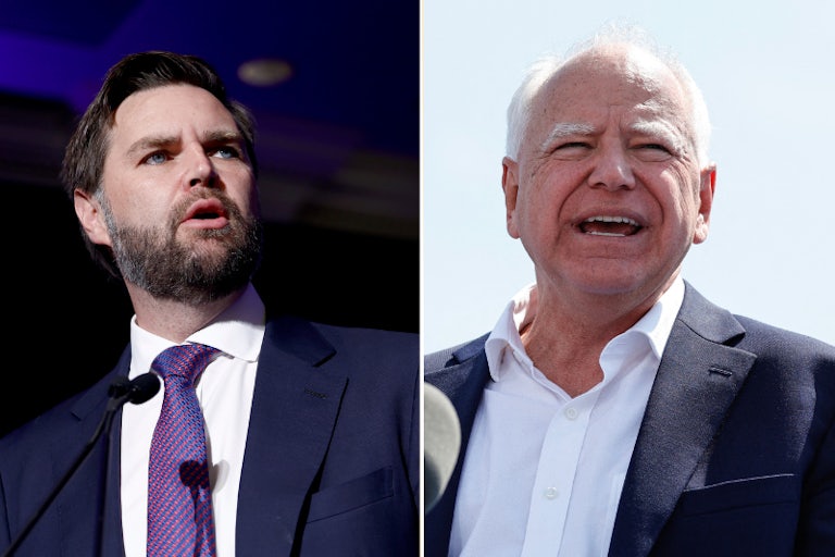 J.D. Vance and Tim Walz splitscreen