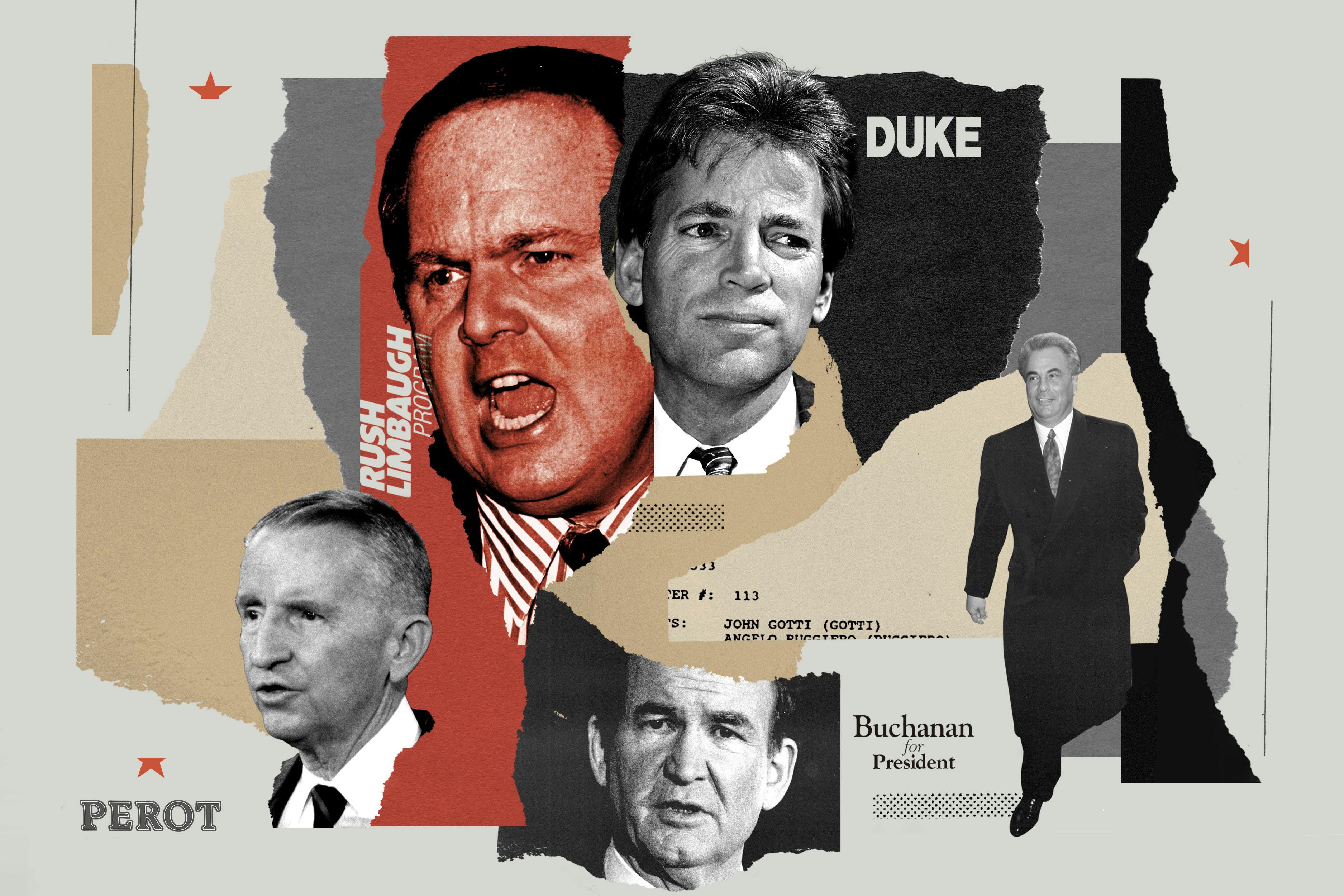 Illustrative photo collage of Pat Buchanan, David Duke, John Gotti, Rush Limbaugh, and Ross Perot 