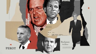 Illustrative photo collage of Pat Buchanan, David Duke, John Gotti, Rush Limbaugh, and Ross Perot
