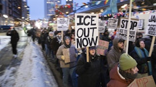 Demonstrators march during the nationwide “Stop ICE Terror” rally through downtown Minneapolis, Minnesota.