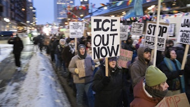 Demonstrators march during the nationwide “Stop ICE Terror” rally through downtown Minneapolis, Minnesota.