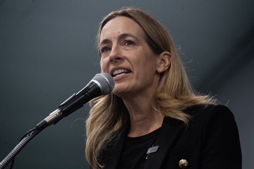 Democratic candidate for New Jersey Governor Mikie Sherrill speaks to a crowd in Westville, New Jersey, on October 11.