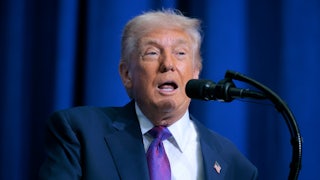 Donald Trump speaks into a microphone