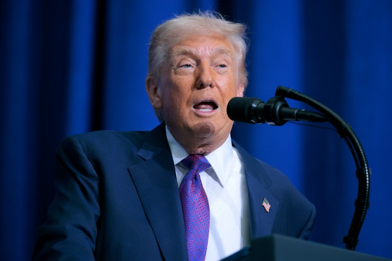 Donald Trump speaks into a microphone