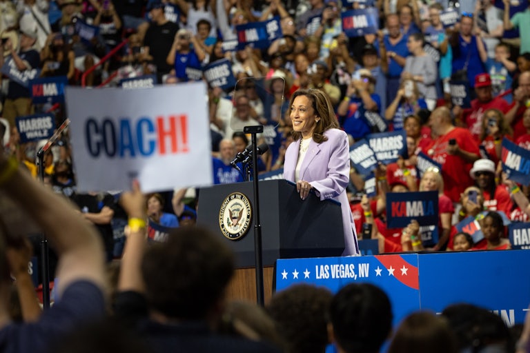 Kamala Harris stands on stage at a campaign rally