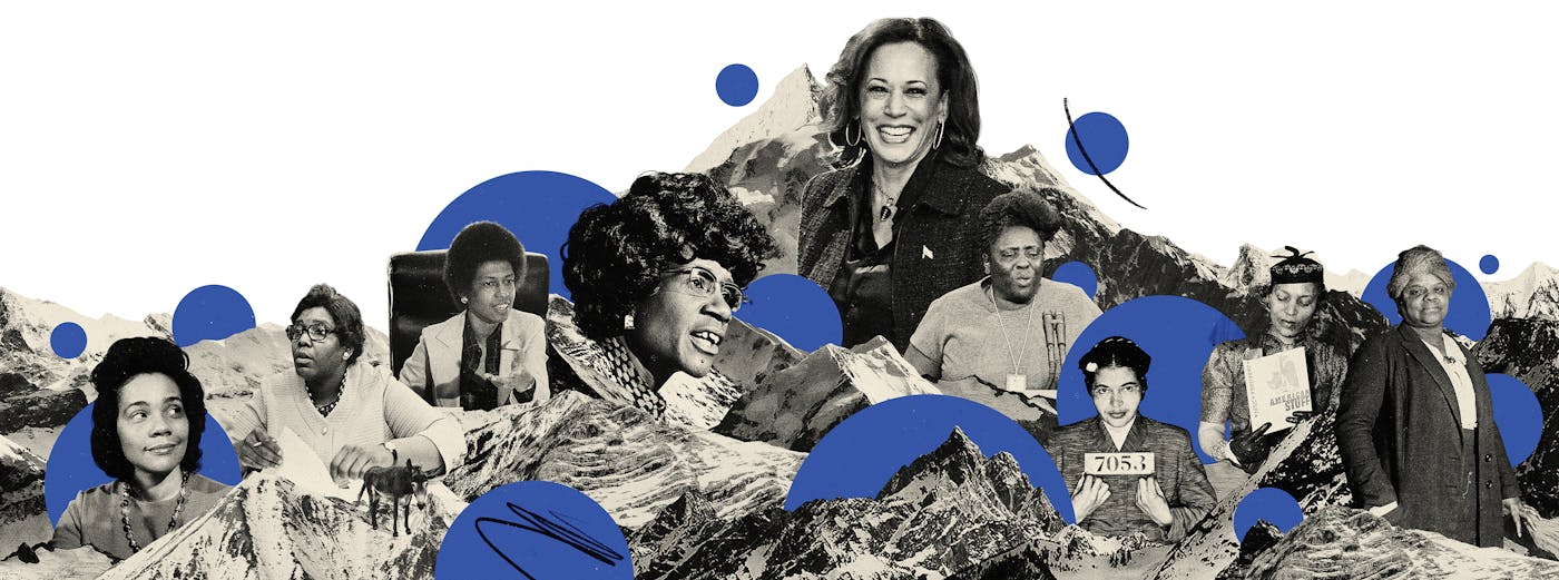 An illustration showing the mountain of influences that led to Kamala Harris's run for the presidency. Includes images of Coretta Scott King, Barbara Jordan, Eleanor Holmes Norton, Shirley Chisholm, Kamala Harris, Fannie Lou Hamer, Rosa Parks, Zora Neale Hurston, and Ida B. Wells