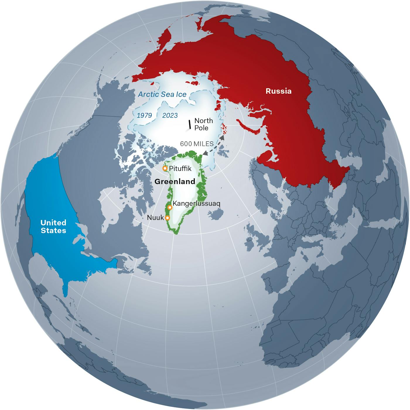 A world map showing Greenland and its proximity to Russian and the U.S.