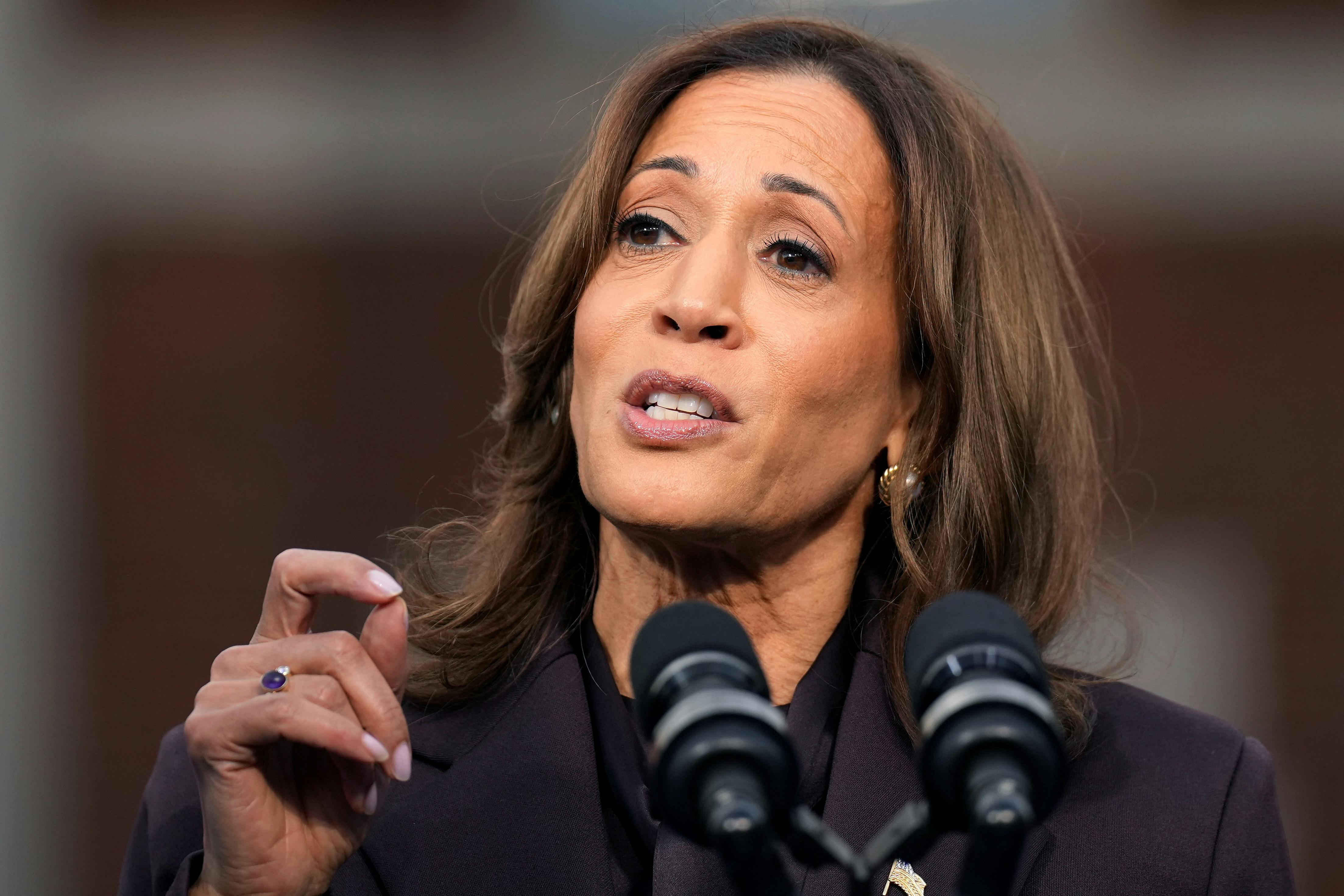 Kamala Harris speaks into microphones.