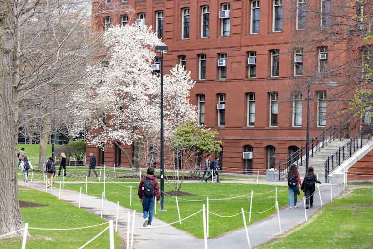 Students walk on Harvard University's campus