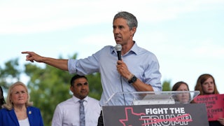 Democrat Beto O’Rourke speaks alongside elected officials gathered for a rally ahead of a public hearing on the proposed congressional redistricting in Houston.
