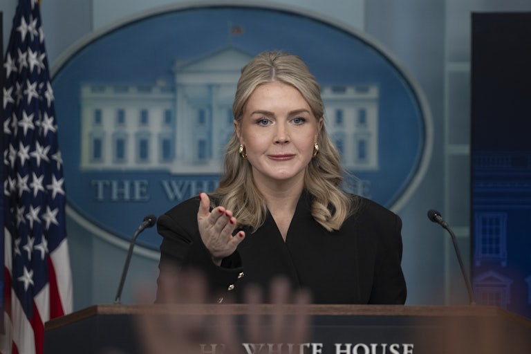 Press Secretary Karoline Leavitt gestures while standing at the podium in the White House press briefing room