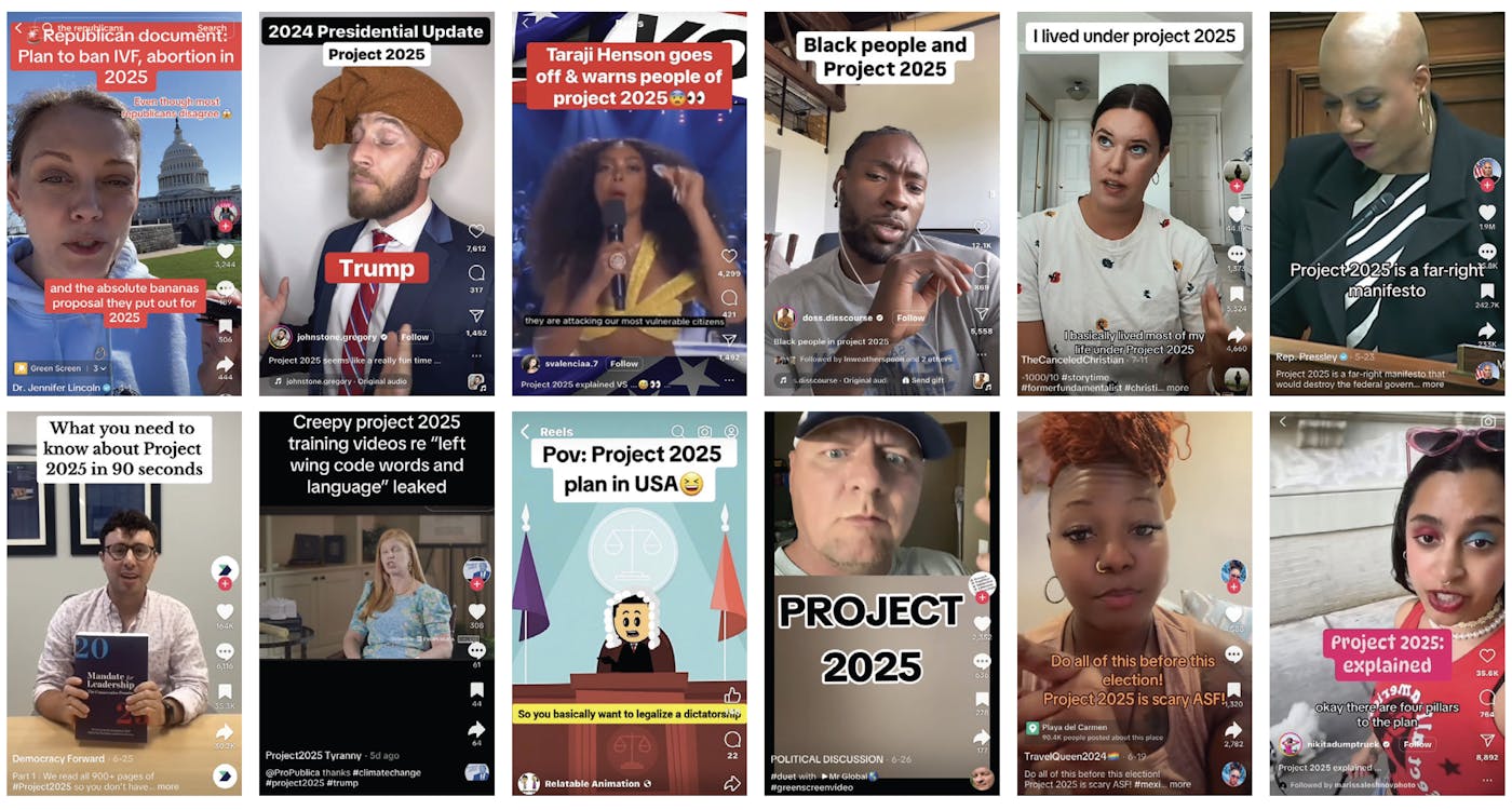 Screengrabs from TikTok of posts from influencers and others discussing Project 2025