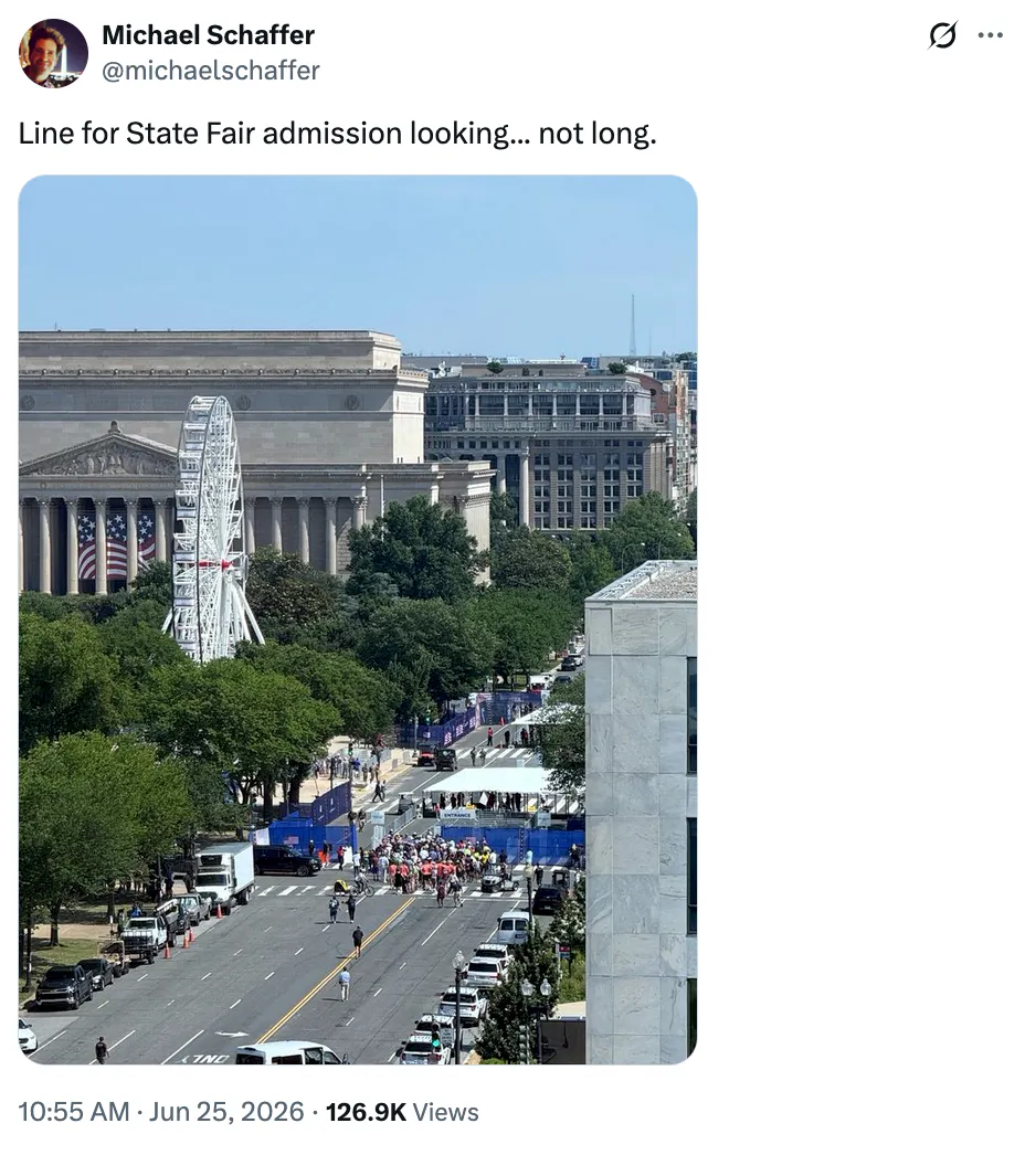X screenshot Michael Schaffer @michaelschaffer Line for State Fair admission looking... not long.