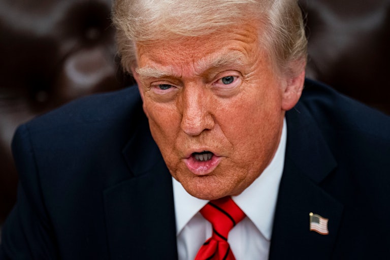 Donald Trump speaks during a press conference in the Oval Office