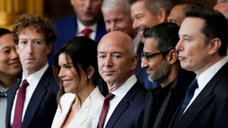 Meta CEO Mark Zuckerberg, Lauren Sanchez, Amazon founder Jeff Bezos, Alphabet CEO Sundar Pichai, and Tesla CEO Elon Musk all stand side by side at Donald Trump’s inauguration.