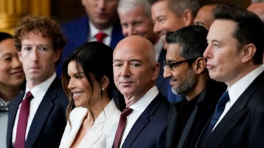 Meta CEO Mark Zuckerberg, Lauren Sanchez, Amazon founder Jeff Bezos, Alphabet CEO Sundar Pichai, and Tesla CEO Elon Musk all stand side by side at Donald Trump’s inauguration.