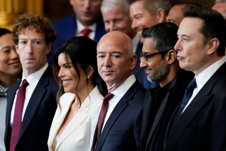 Meta CEO Mark Zuckerberg, Lauren Sanchez, Amazon founder Jeff Bezos, Alphabet CEO Sundar Pichai, and Tesla CEO Elon Musk all stand side by side at Donald Trump’s inauguration.