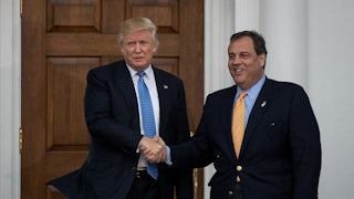 President Donald Trump and New Jersey Governor Chris Christie share a handshake.